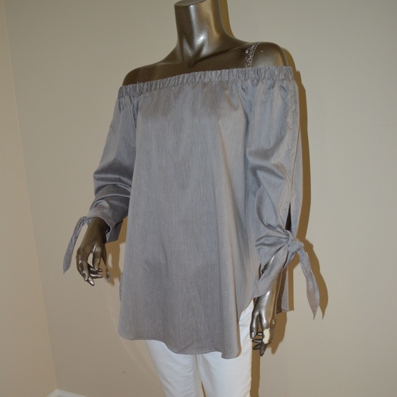 unbranded Tops - Gray Off The Shoulder Tie Sleeves Tunic Top